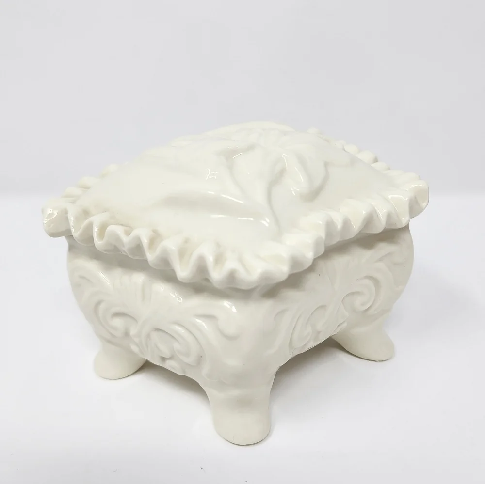 Vintage White Ceramic Glazed Footed Floral Trinket Box